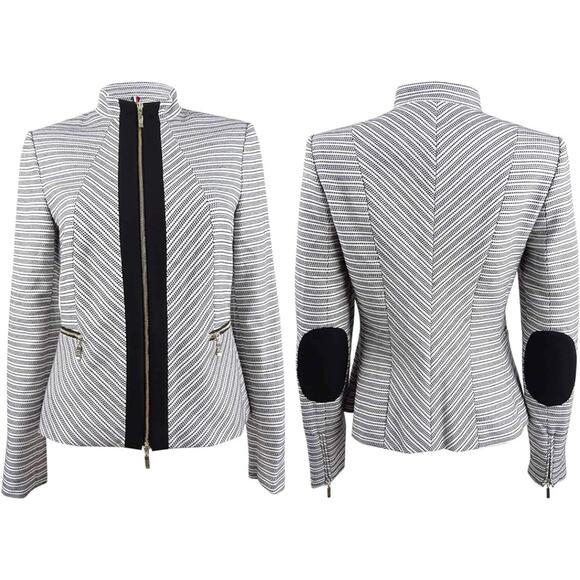 Tommy Hilfiger Navy Blue White Chevron Stripe Full Zip Blazer sz 6 Elbow Patches - Picture 4 of 12